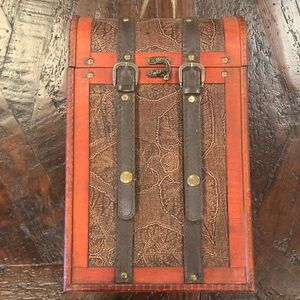 Source Unknown Orange and Brown Embossed Leather Wine Carrier with Buckle Straps